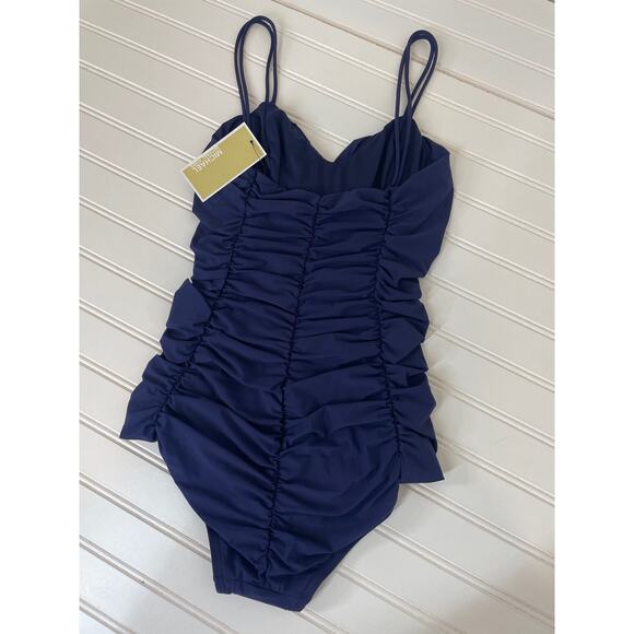 NWOT Michael Kors Swimsuit Navy Blue Ruched Strappy V-Neck 1 PC One Piece Sze XS - Picture 3 of 8